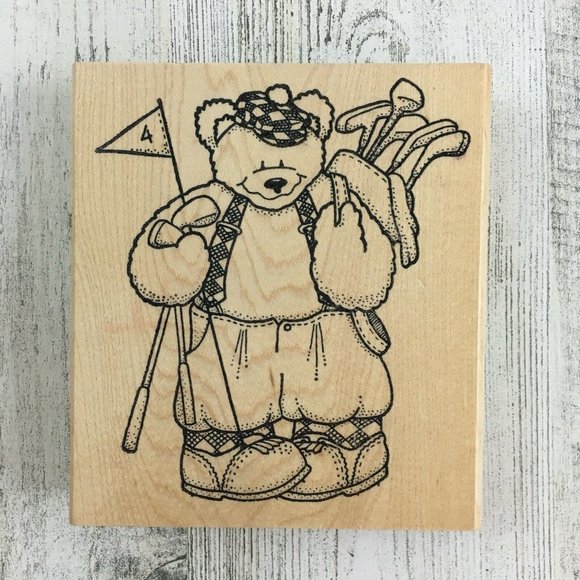 Darcie's Country Folk Vtg Wood Mounted Rubber Stamp Ink Golf Bear - Picture 1 of 9